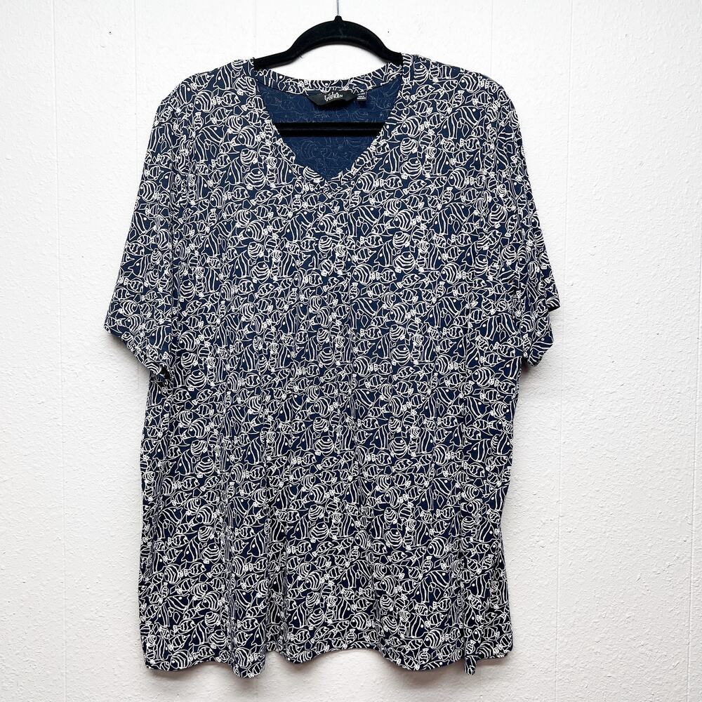 Ulla Popken Dark Floral Womens Top 20/22 V-Neck Short Sleeve Stretch Breathable